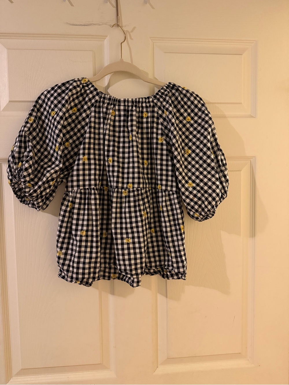Old Navy Black & White Gingham Puff-Sleeve Top with Yellow Embroidery - Picture 2 of 2